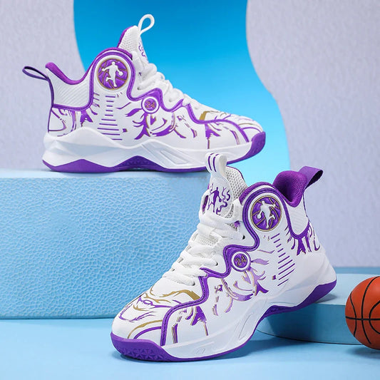 A pair of children's four-season high-top leather basketball shoes, wear-resistant and soft sneakers, sizes 31-37，YY-Y2876