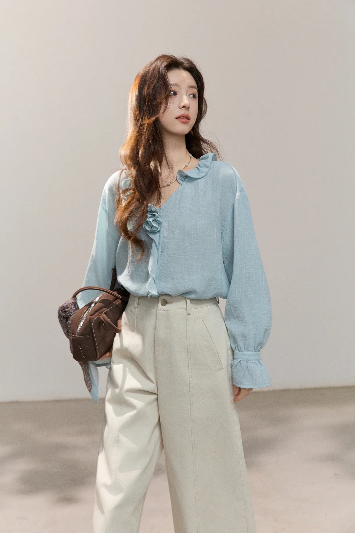Women's Asymmetric Ruffled V-neck Shirt Spring Light Blue Floral Applique Ruffle Cuffs Top Elegant Loose Shirt MXF14C2448