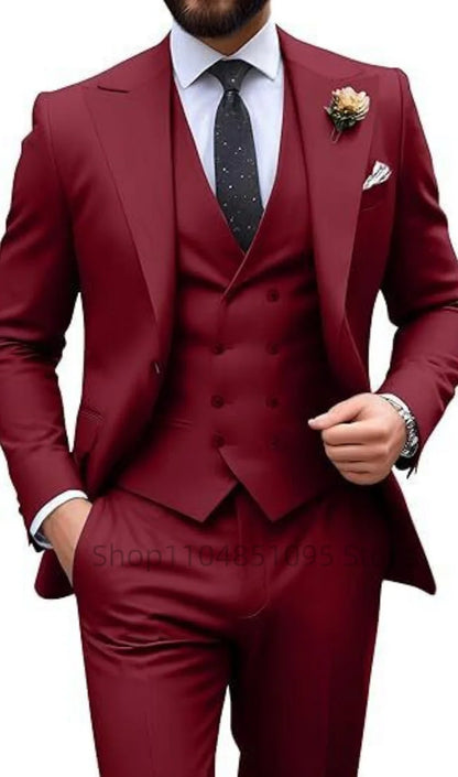 Men's Solid Color Slim Fit Formal Business Suit Wedding 3-Piece Set with Peak Lapel Blazer Vest And Trousers for Party Prom