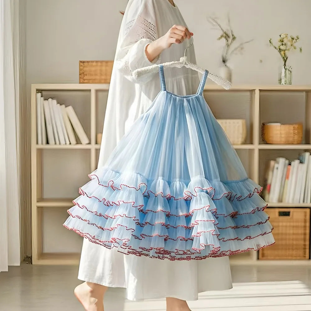 Princess Dress for Kids 1-8 Years Summer Sky Blue Cake Dress for Girls Formal Dresses Birthday Hosting Party Beach Vacation New