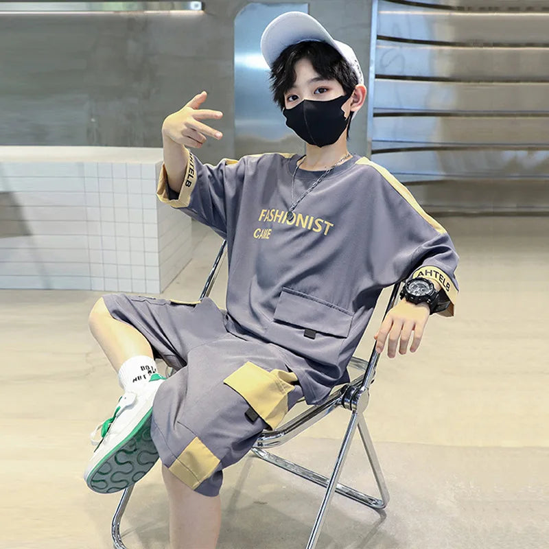 Summer Boys Patchwork Alphabet Half Sleeves T-Shirt Tops+Shorts Pant School Kids Tracksuit Child 2PCS Outfit Workout Set 5-16 Yr