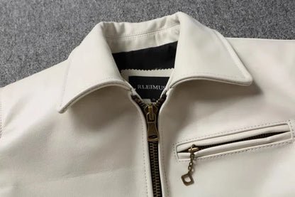 Men's Genuine Leather Jacket White Lapel Calfskin Jacket Natural Cowhide Men's Coat Slim Fit Top Layer Cowhide Biker Jacket