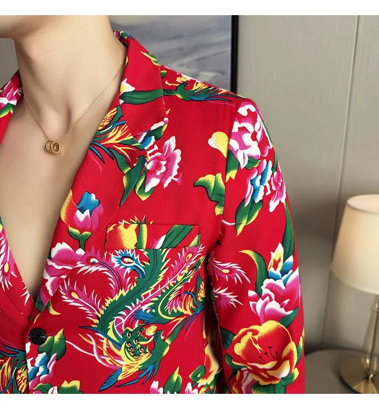 2026 Thin Men's Black Printed Suit Jacket, Asian Size V-Neck Single Button Blazer, Red Nostalgic Style Long Sleeve Cotton Coat.