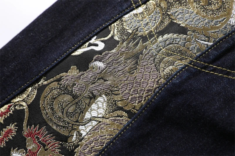 Men Embroidery Denim Shorts Black Hiphop Jeans Pants Cherry Blossom Dragon Totem Washed Zipper Cotton Summer cherry blossoms 024