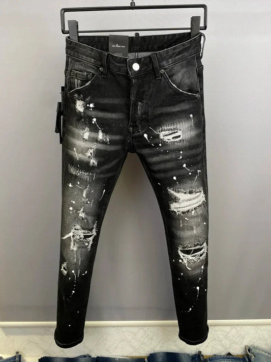 Men Jeans Denim Pants Hole Slim Pencil Trousers Metal Buttons Party Classics Fashionable Black DSQ2 JENAS