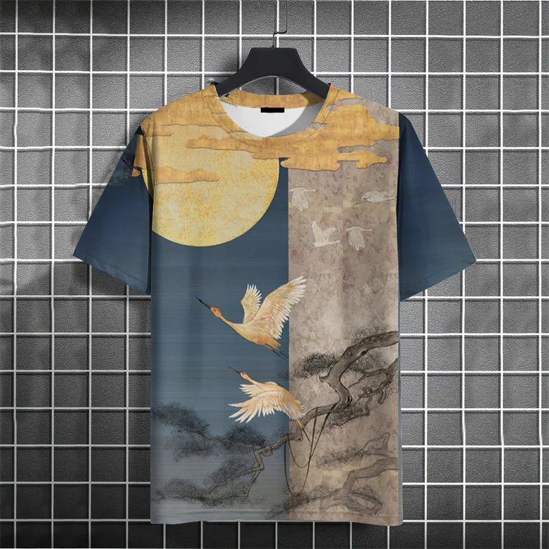 Crane Waves Pattern T-Shirt For Men Chinese Koi Fish 3D Print Tees Summer Casual Loose Short Sleeve O-Neck Tops Unisex T Shirts
