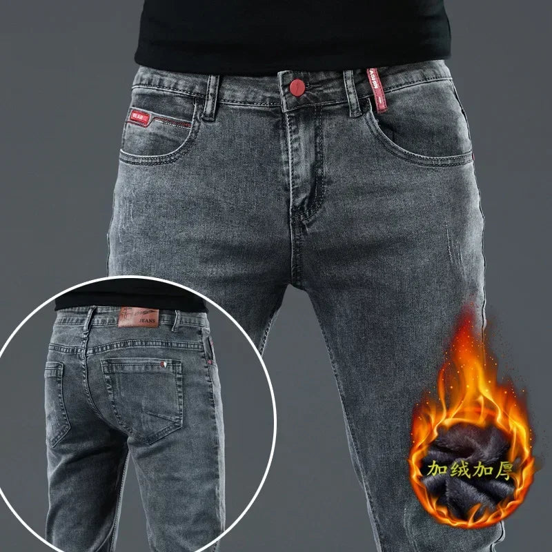 Winter Thick Plus Velvet Men Middle Waist Skinny Jeans Simple Fleece Warm Slim Fit Stretch Boy Casual Denim Pencil Pants