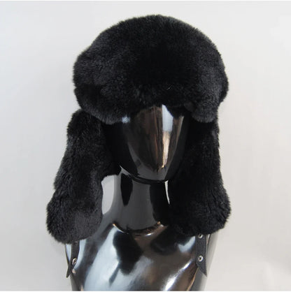 Winter Russian Man Woman White Skin Natural Rex Rabbit Fur Hats Luxury Real Sheepskin Leather Cap Unisex Real Fur Bomber Hat