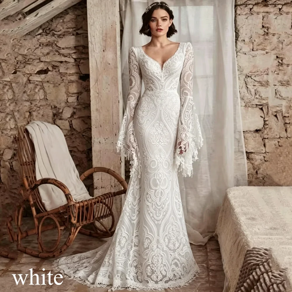 2026 Boho Mermaid Wedding Dresses Long Sleeve Pleat Sexy Lace Illusion Bridal Gown V-Neck Backless Zipper Sweep Train Customized