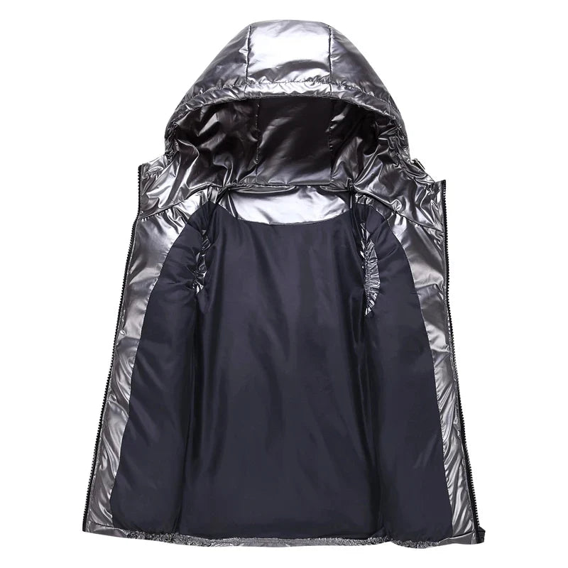 Classic Hooded Vest Man/Woman/Child Winter Hooded Glossy Cotton Vest Casual Waistcoat Men's Sleeveless Jacket Warm Overcoats Hat