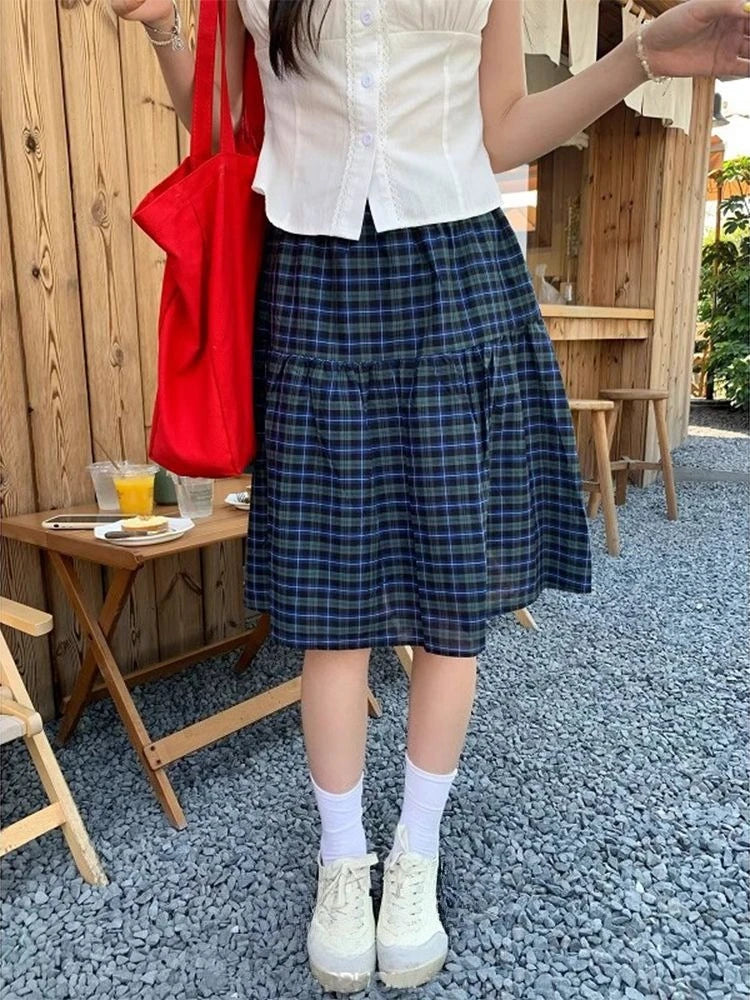 Sweet Vintage Plaid Striped Print Skirt Women High Waist Pleated Korean Style Skirt Korean Fashion Cute Skirt Woman