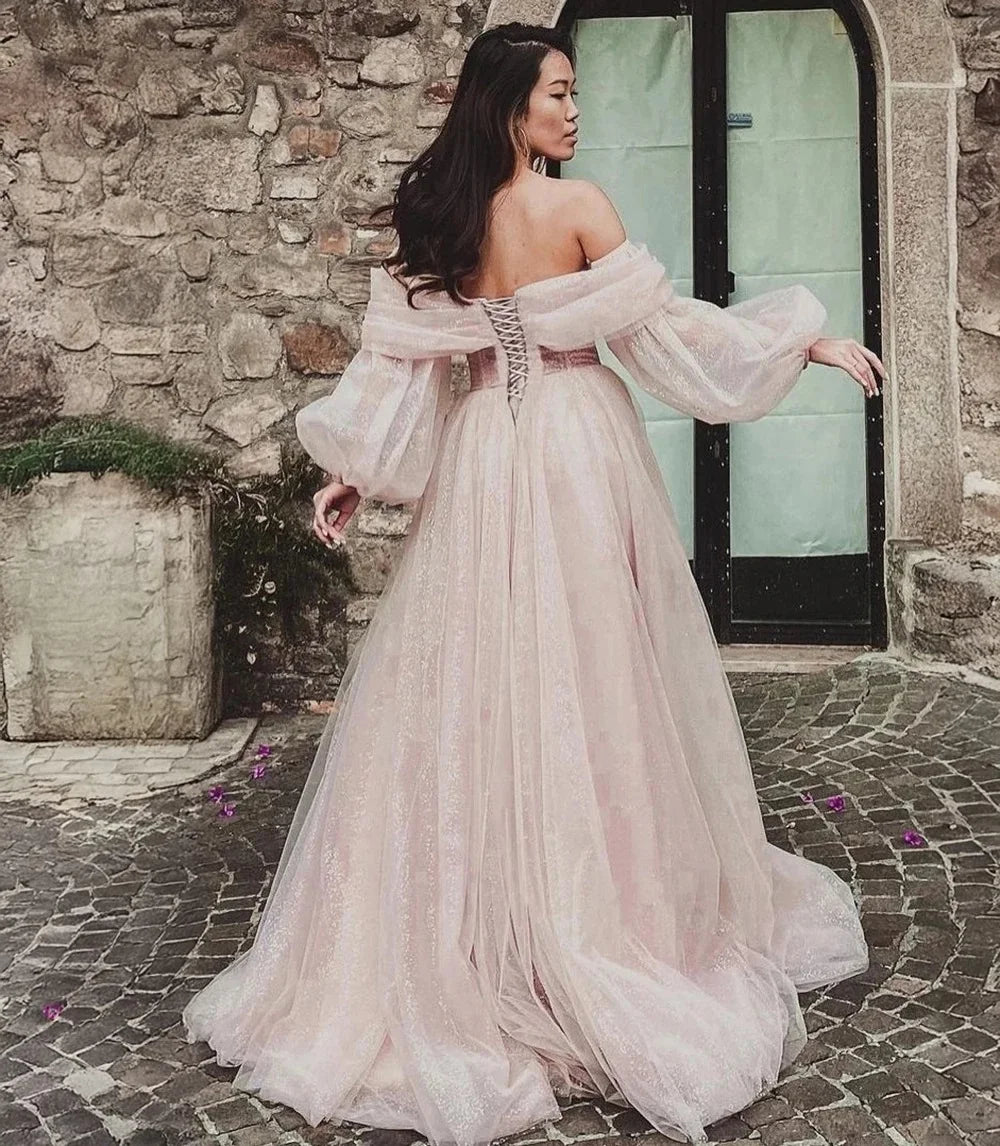 Customized Pink Shiny Tulle Prom Dresses Off Shoulder Long Puff Sleeve Evening Party Gowns Slit Women Wedding Dress