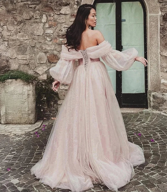 Customized Pink Shiny Tulle Prom Dresses Off Shoulder Long Puff Sleeve Evening Party Gowns Slit Women Wedding Dress