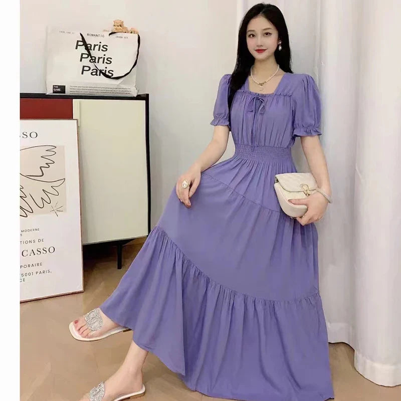 Summer New Cotton Silk Floral Print Maxi Dr ort Sve Beachwear High Waist Young Women's Large Skirt Swing Dr