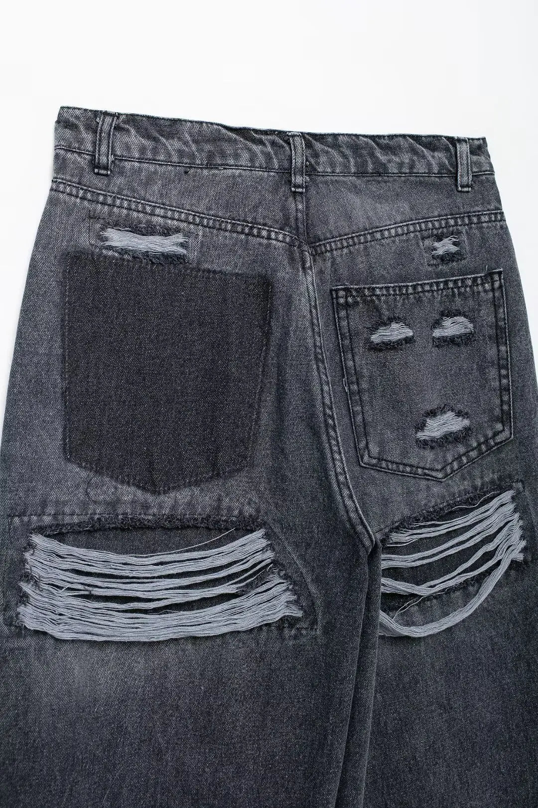 2024 Women's Street Fashion Denim Blue Jeans Distressed Patchwork High Waist Zipper Fly Ripped Retro Long Pants