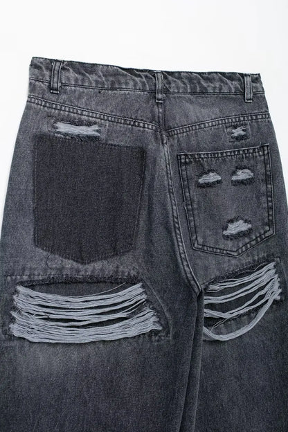 2024 Women's Street Fashion Denim Blue Jeans Distressed Patchwork High Waist Zipper Fly Ripped Retro Long Pants