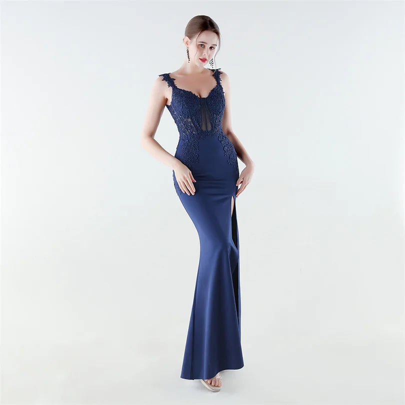 10 Colors Women's Sexy Slit Evening Dress with Appliques Soft Satin Wedding Party Dresses Prom Gowns robe de soiree