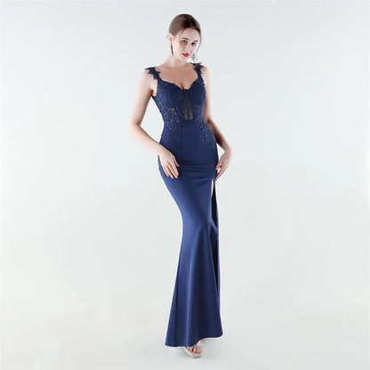 10 Colors Women's Sexy Slit Evening Dress with Appliques Soft Satin Wedding Party Dresses Prom Gowns robe de soiree