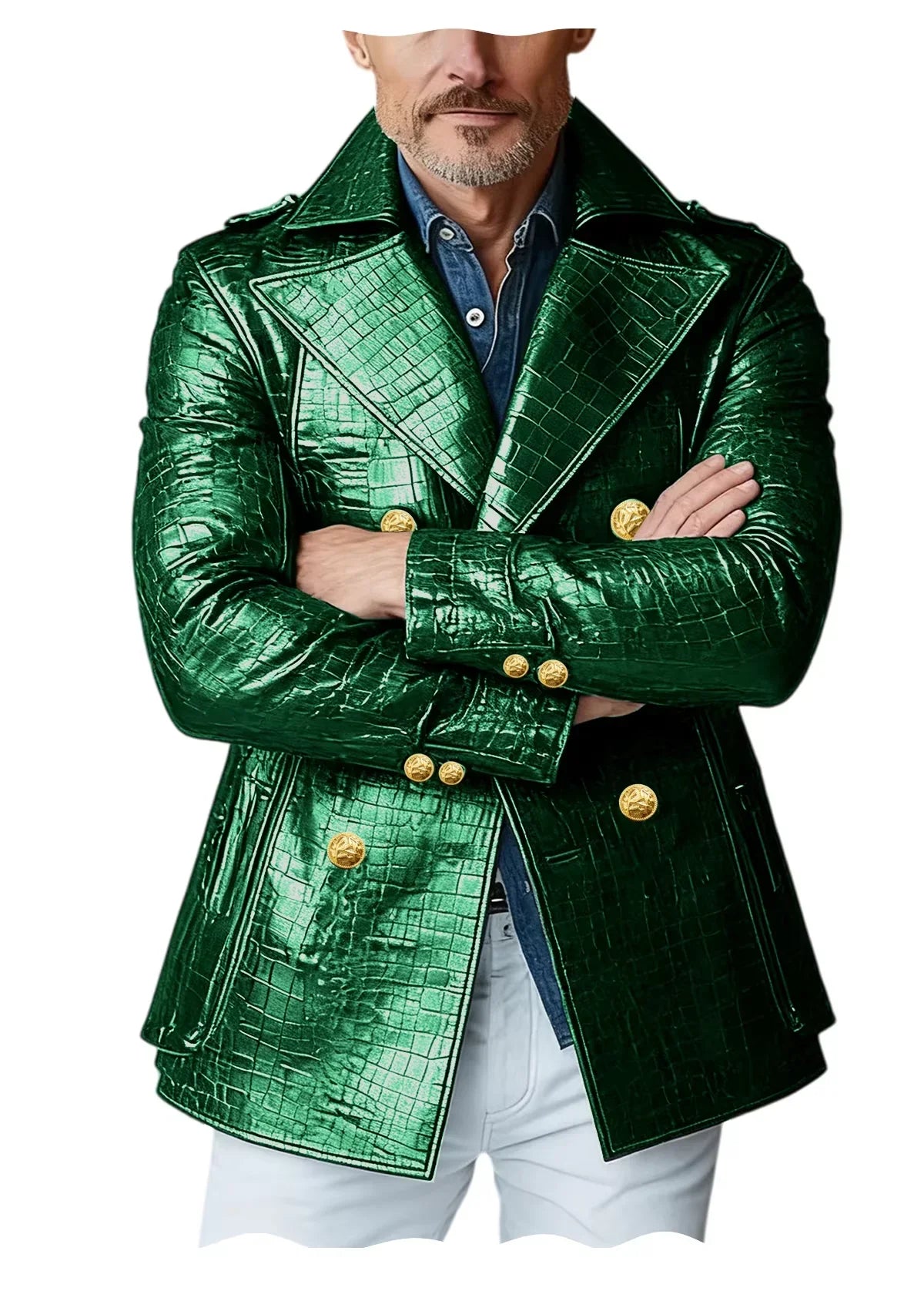 Men's Crocodile Embossed Leather Peacoat Double Breasted Gold Button Jacket Luxury Casual Overcoat