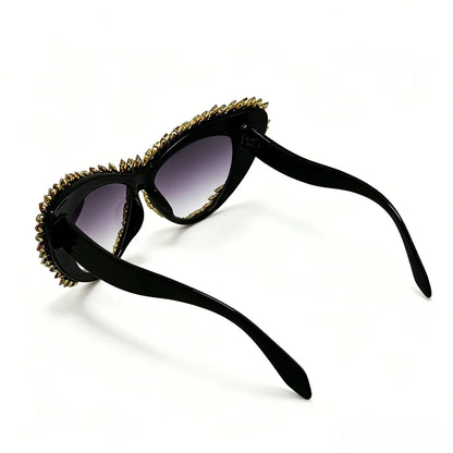 Retro Y2K Oversized Cat Eye Sunglasses for Women Rhinestone Gold Spike Gradient UV400 Punk Nightclub Party Festival Eyewear
