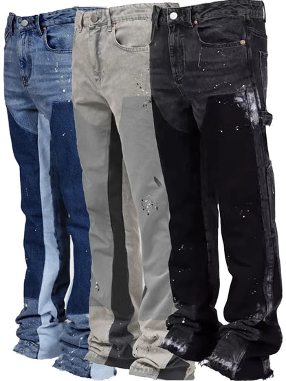 2025 Men's Fashion Jeans Work Pants, European and American Fashion Workwear Elastic Patchwork Denim Layered Flared Pants S-XXL
