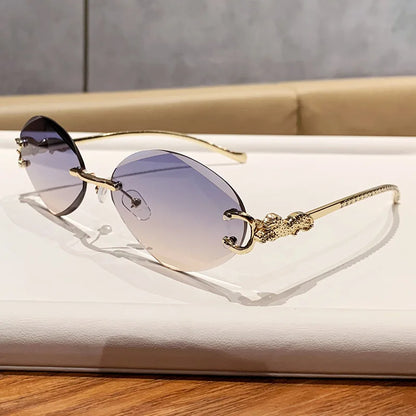 2026 New Fashion Leopard Head Frameless Oval Sunglasses Women Men Internet Celebrity Female Sunscreen Sun Glasses High-end UV400