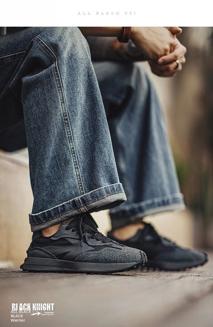 Spring Vintage Thick-soled Patchwork Black Sneakers Casual Breathable Jogging Shoes Low-top Lace-up Sporty Summer Shoes
