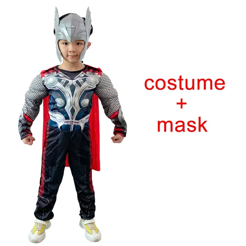 Halloween Carnival Clothes for Children Kids Thor Muscle Costume Superhero Thor Cosplay Muscle Costume Jumpsuit Mask Performance
