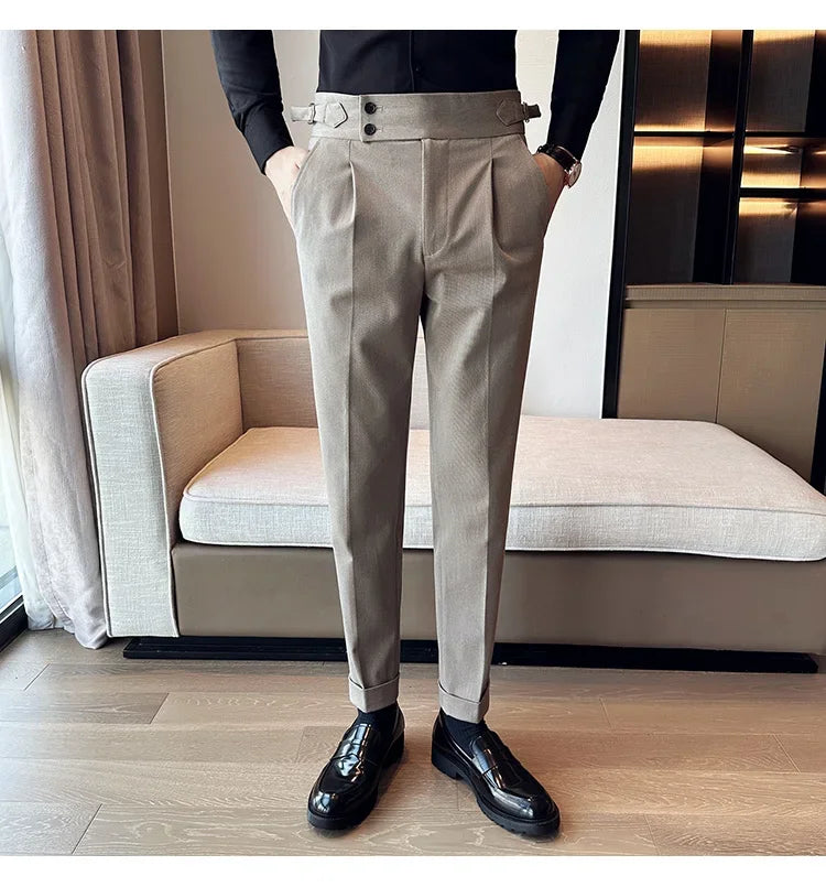 Autumn Winter High Waist Business Dress Pants Men Casual Belt Design Slim Suit Pants Formal Wedding Social Party Male Trousers