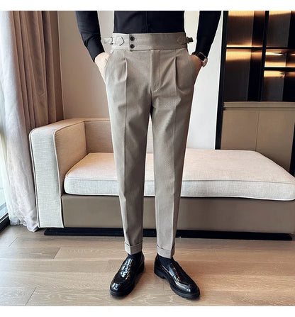 Autumn Winter High Waist Business Dress Pants Men Casual Belt Design Slim Suit Pants Formal Wedding Social Party Male Trousers