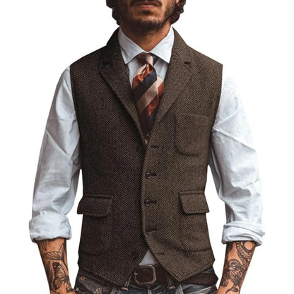 Men Vest Brown Herringbone Business Waistcoat Jacket Casual Slim For Wedding Groom Banquet Gilet Vest