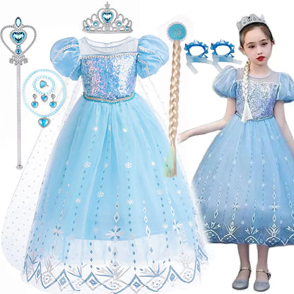 2026 Summer Frozen Costume Princess Dress for Girls White Sequined Carnival Dress Kids Cosplay Snow Queen Elsa Dress For Girls
