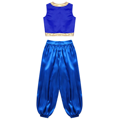 Boys Girls Prince Costume Arabian Prince Fairy Tale Character Cosplay Suits Belly Dance Golden Trim Vest with Satin Bloomer Set