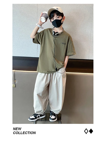 Teens Children's Summer Sets for Boys Clothing Cotton Set 2025 New Fashion Kids Loose Handsome T-shirt+ Lantern Pants Set Outfit