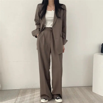 Casual Notch Lapel Suit Set with Button Thick Wide Leg Small Suit Pants High Waist Drape Polyester Business Lady Style Women