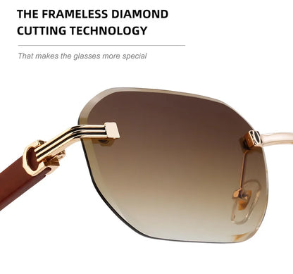 2026 Wooden Rimless Sunglasses Women Trendy Vacation Sunscreen Square Sunglass Men Luxury Vintage Retro Fashion Glasses Occhiali