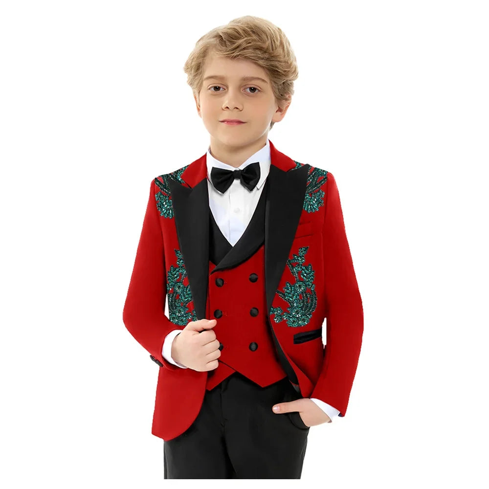 Christmas Boys Slim Fit Suis 4 Pieces Jacket Vest Pants Bow-tie Exquisite Red Beaded Suit Set Birthday Party Outfit 3-14T