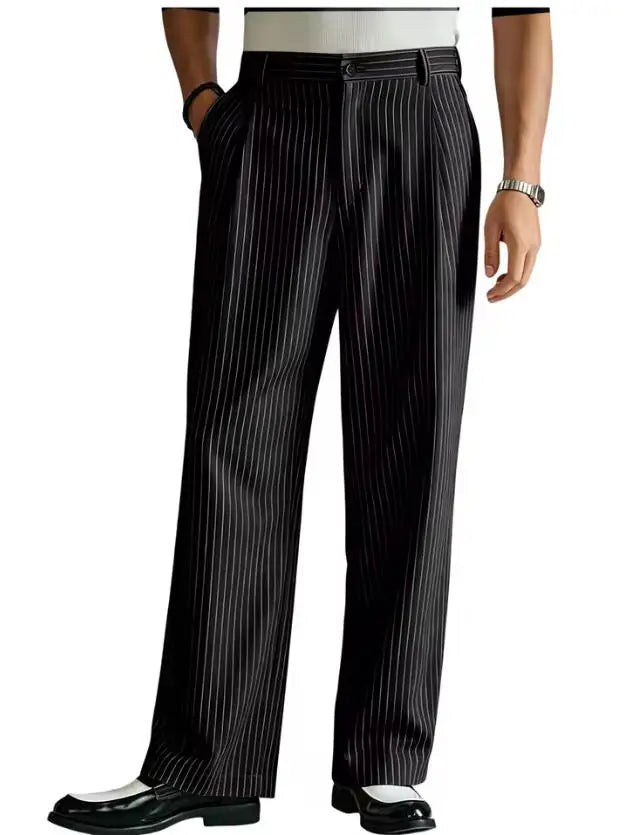 Vintage Men Pants Thin Slacks Business Striped Trousers High Waist Pleated Wide Leg Loose Straight Casual Office Wedding