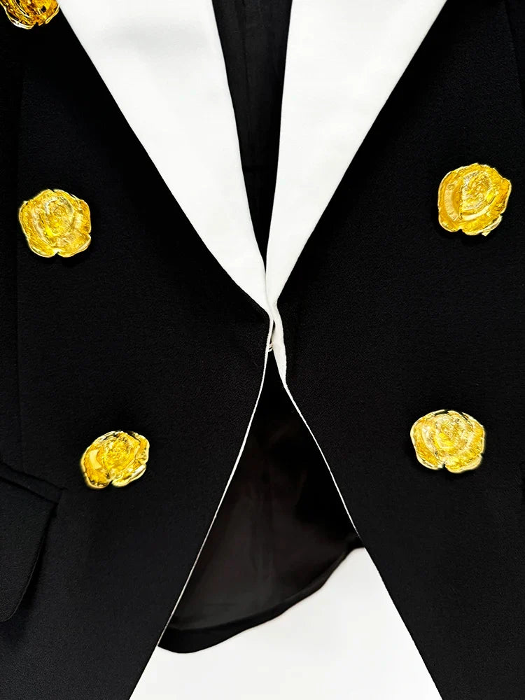 HIGH STREET Newest Fashion 2026 Designer Jacket Women's Slim Fitting Rose Metal Buttons Color Block Blazer