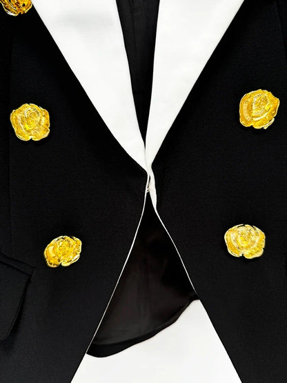 HIGH STREET Newest Fashion 2026 Designer Jacket Women's Slim Fitting Rose Metal Buttons Color Block Blazer