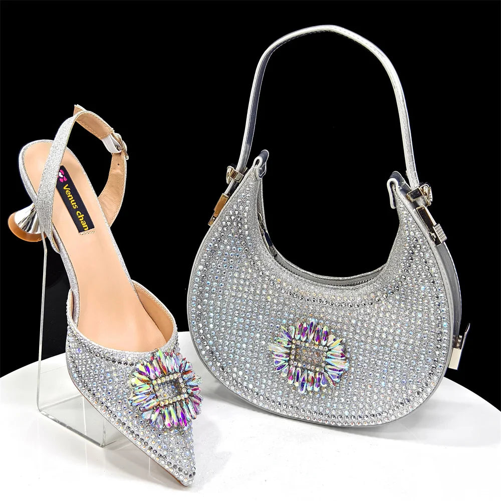 Elegant Nigerian Women’s Italian Design Black Heels and Handbag Set With Rhinestone Accents for Wedding and Party