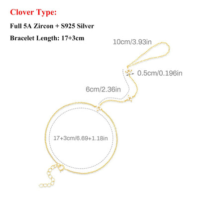5A Zircon Finger Ring Chain Bracelets Horse Eye Lucky Clover Lab diamond Bracelet for Women Adjustable 925 Silver Jewelry