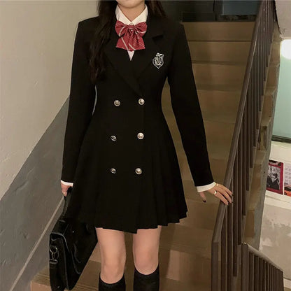 Sweet Style Suit Dress Korean Drama Main Character Waist Cinched Beautiful  Skirt College Style High Waist Double Breaste...