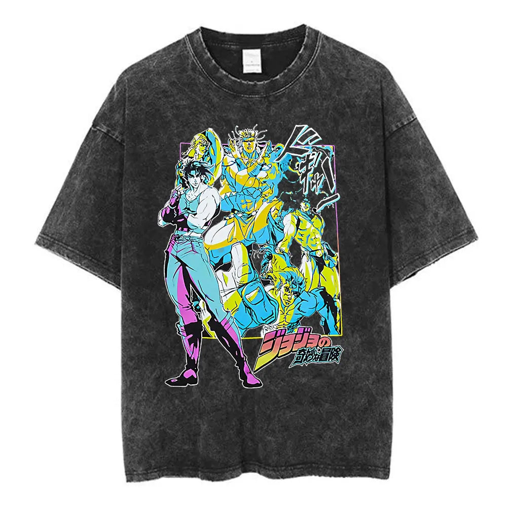 Anime Jojo Bizarre Adventure Washed T-shirt STEEL BALL RUN Diego Brando Manga T-shirts Men Women Cotton Casual Oversized T shirt