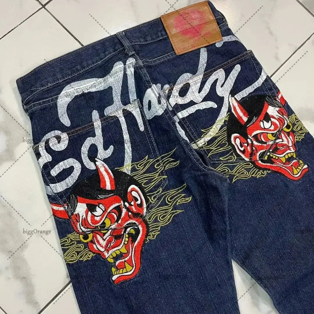Mens Jeans Streetwear Y2K Vintage Straight Leg Denim Pants Skull Rose Flame Print Design Loose Fit Retro Punk Hip Hop Fashion