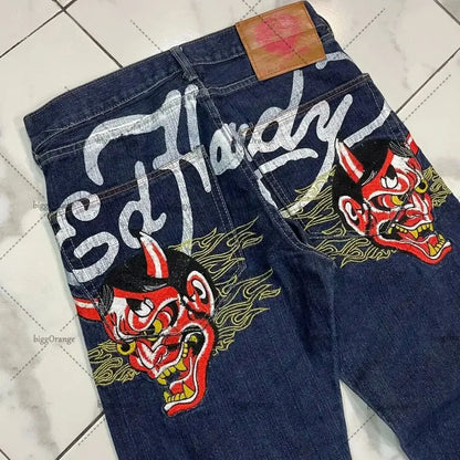 Mens Jeans Streetwear Y2K Vintage Straight Leg Denim Pants Skull Rose Flame Print Design Loose Fit Retro Punk Hip Hop Fashion