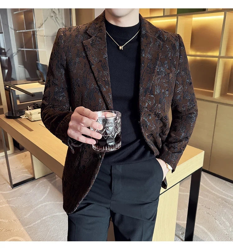 High Quality Plush Jacquard fashion Suit Jacket  Korean Version Slim Fit Business Retro Casual Social Wedding Suit Blazer 5XL-M