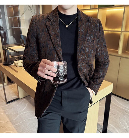 High Quality Plush Jacquard fashion Suit Jacket  Korean Version Slim Fit Business Retro Casual Social Wedding Suit Blazer 5XL-M
