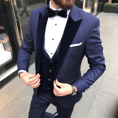 Blue Men Suits Black Peak Lapel Slim Fit Costume Homme Wedding Groom 3 Pcs Terno Masculino Prom Party Blazers Jacket+Pant+Vest