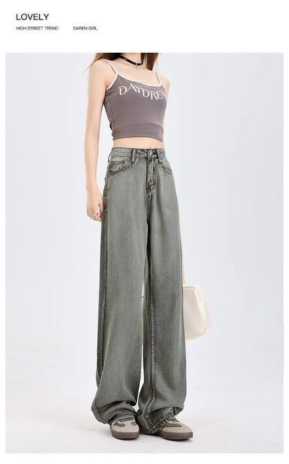 Woman Jeans 100% Lyocell Breathable Denim Wide Leg Towel Sweep drape loose 2025 Summer ice silk Baggy Famale Denim Pants 5 Color